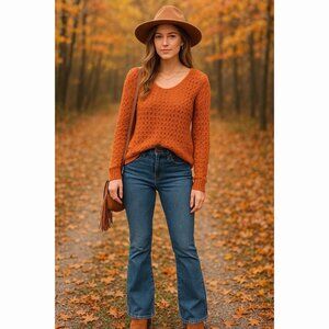 Free People Women Small Crashing Waves Orange Knit Sweater Wool Blend Boho Cozy